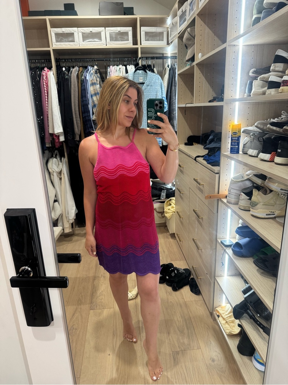 Torn by Ronny Kobo Pink to Purple Wave-Knit Mini Dress